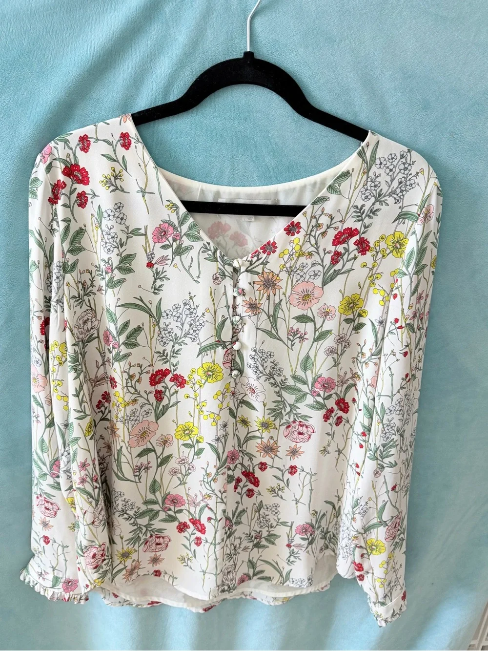 LOFT White Floral V-Neck Blouse with Pink Red Yellow Green Print - Picture 1 of 4